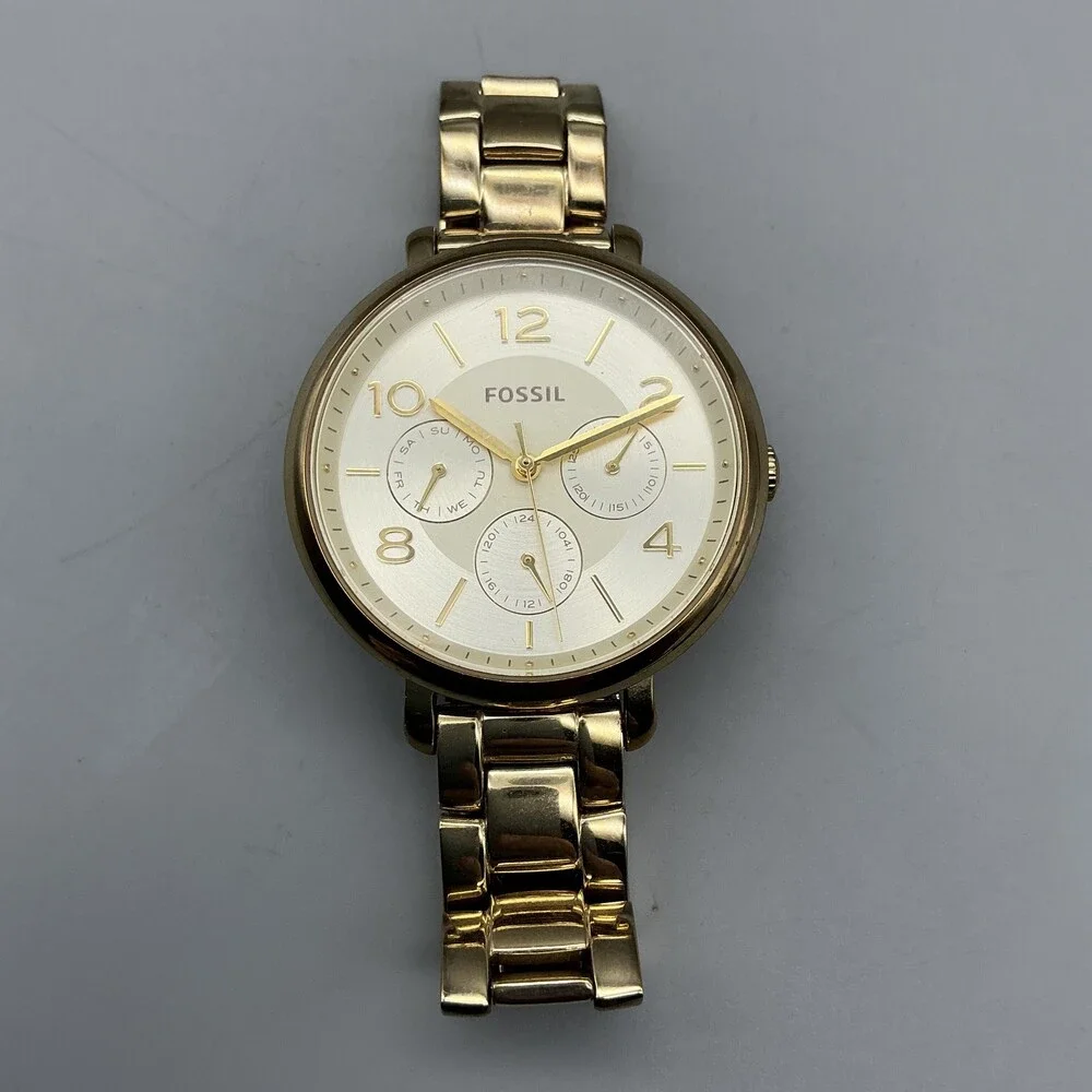 Fossil Womens Watch 36mm Gold Tone Champagne Dial Day Date ES3667 New Battery 6